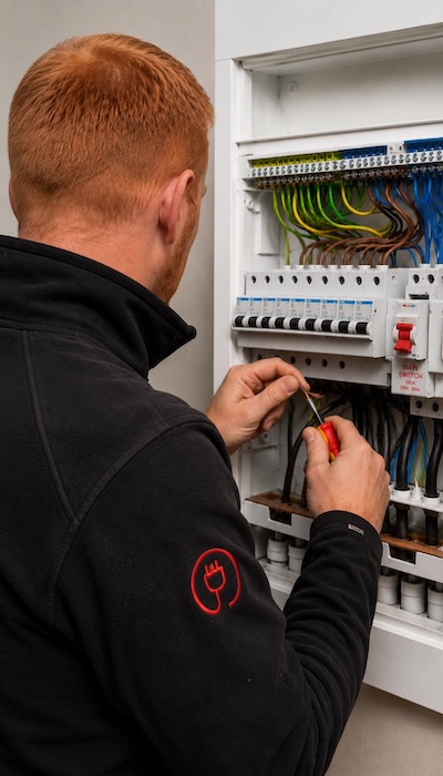 Electrician rewiring a consumer unit during a domestic electrical installation in Helensburgh