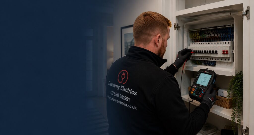 Dreamy Electrics electrician carrying out an EICR electrical safety inspection on a consumer unit in a home in Helensburgh