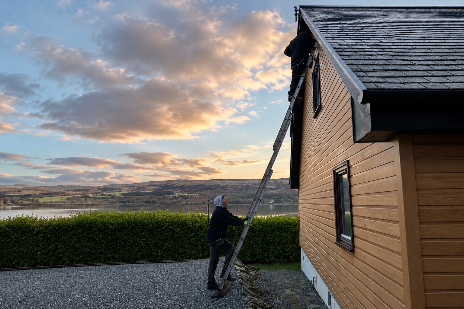 Qualified electrician working safely at height while carrying out domestic electrical repairs on a residential property in Helensburgh