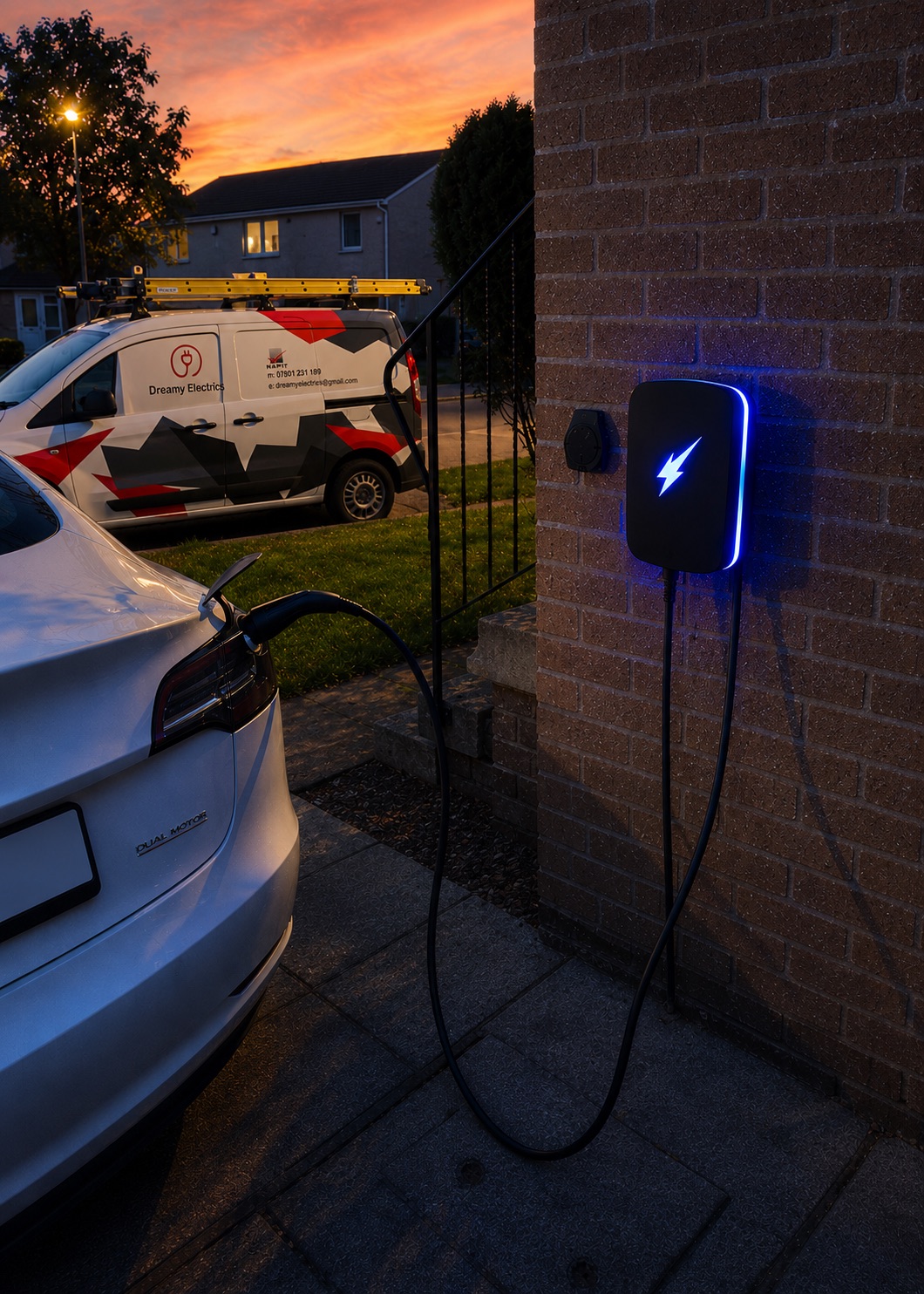 White electric car charging at a home EV charging point with a Dreamy Electrics installation van parked outside a residential property