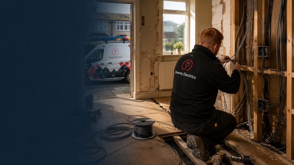 Electrician from Dreamy Electrics carrying out a full home rewire with new electrical cables installed inside a residential property.