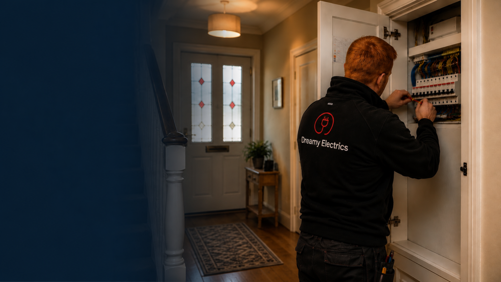 Electrician upgrading a domestic consumer unit in a hallway at a home in Helensburgh, wearing Dreamy Electrics branded clothing