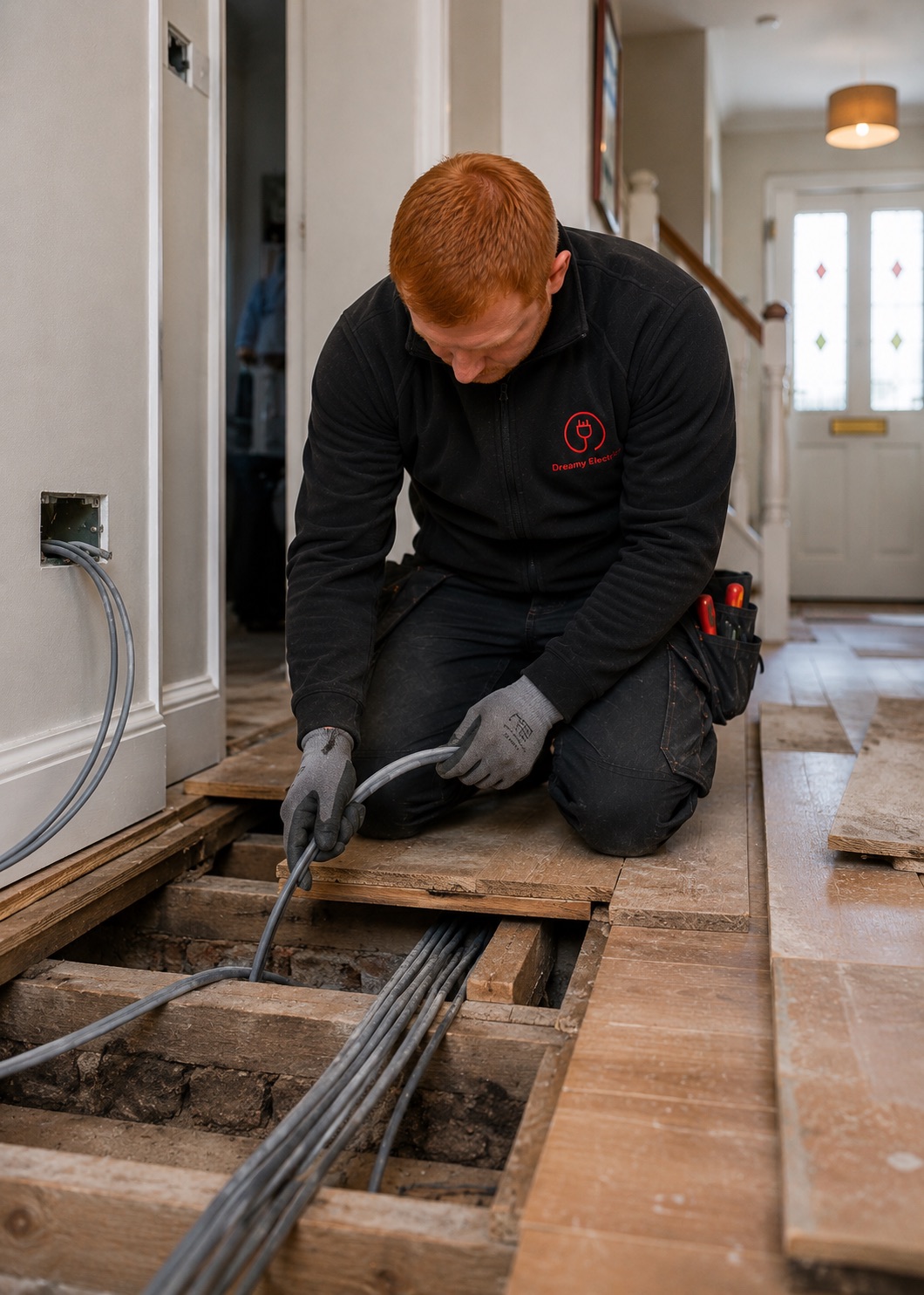 Electrician installing new electrical cables beneath floorboards during a professional house rewiring project in Helensburgh by Dreamy Electrics